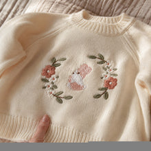 Girls Floral Bunny Embroidered Knit Sweater, Cream or Pink Fall Pullover