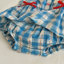 Baby Blue Gingham Romper Dress with Crochet Strawberry Collar and Red Bows