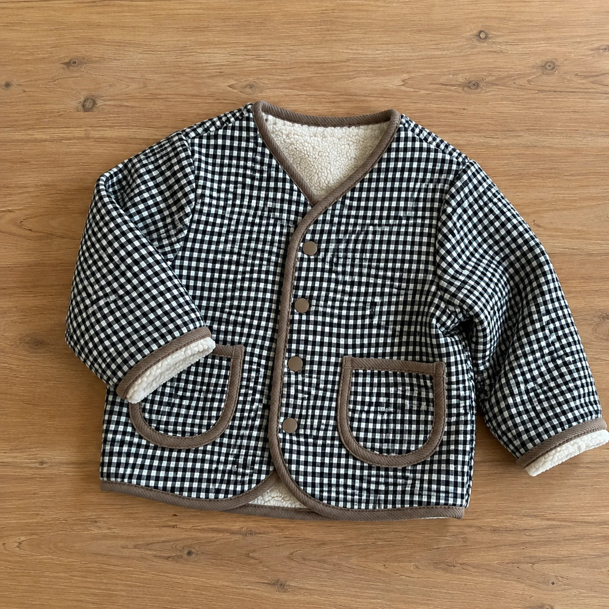 Toddler Reversible Sherpa Jacket, Ivory or Taupe Gingham Fleece Fall Coat
