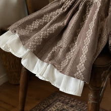 Girls Taupe Floral Puff Sleeve Dress with Square Neck and Ruffle Hem