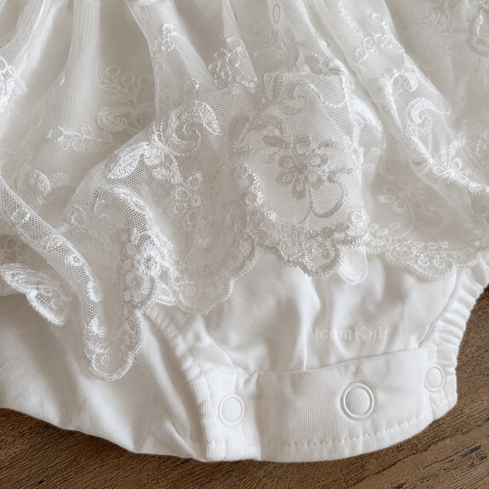 White Lace Baby Romper Dress, Long Sleeve Christening Outfit with Matching Bonnet – 07 lace snap closeup