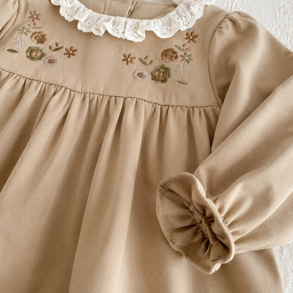 Girls khaki and brown floral Peter Pan collar long sleeve fall dress - construction and closure detail