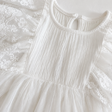 White Lace Baby Romper Dress with Flutter Sleeves and Embroidered Cotton Skirt