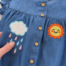 Girls Denim Dress with Ruffle Sleeves, Dinosaur and Weather Appliqué