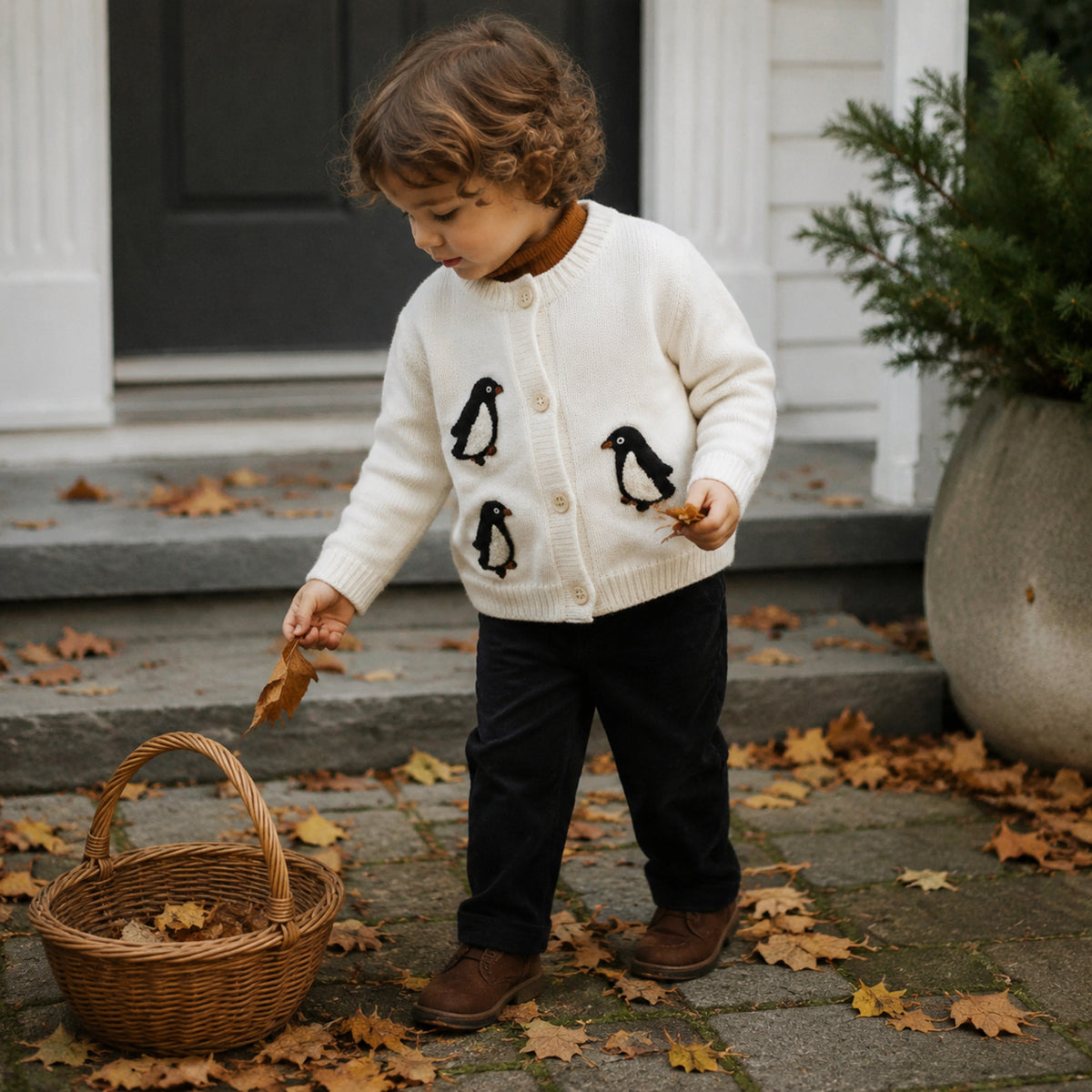 Older toddler wearing ivory penguin cardigan over a rust turtleneck in autumn