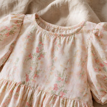 Girls Pink Rose Floral Puff Sleeve Midi Dress, Cottagecore Fall Princess Dress
