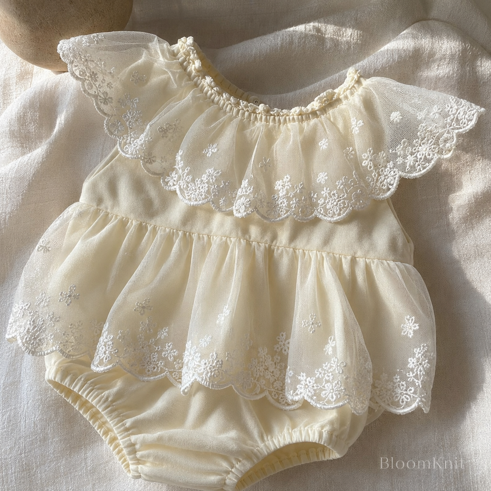 Ivory Lace Baby Romper Dress, Bow Collar Christening and First Birthday Outfit – 08 back flat detail