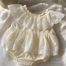 Ivory Lace Baby Romper Dress, Bow Collar Christening and First Birthday Outfit