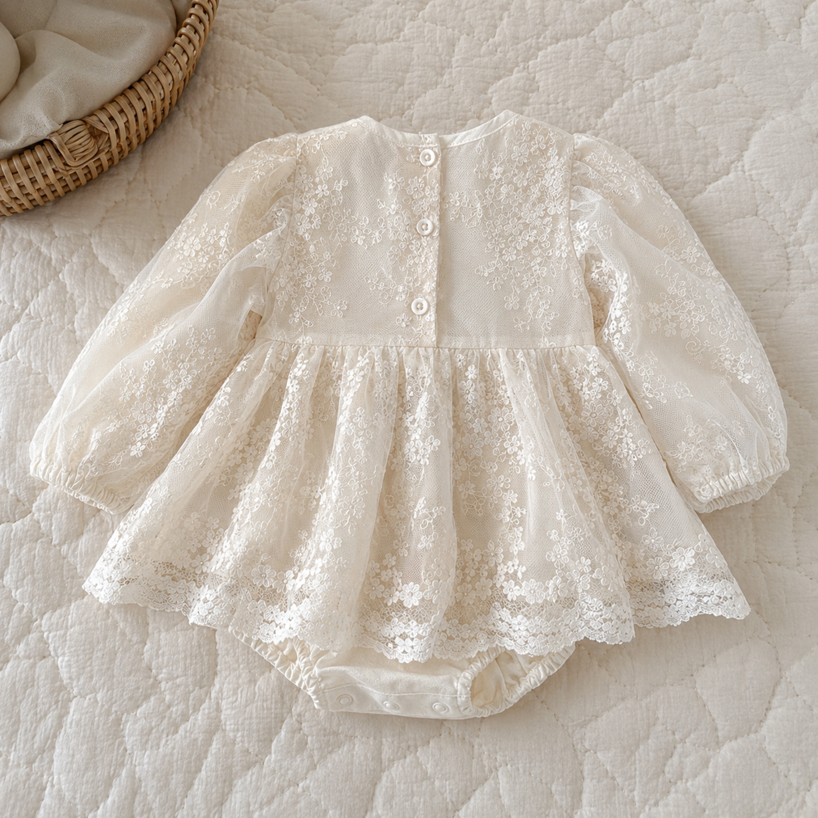 Ivory Lace Baby Romper Dress, Pearl Collar Christening and First Birthday Outfit – 08 back view