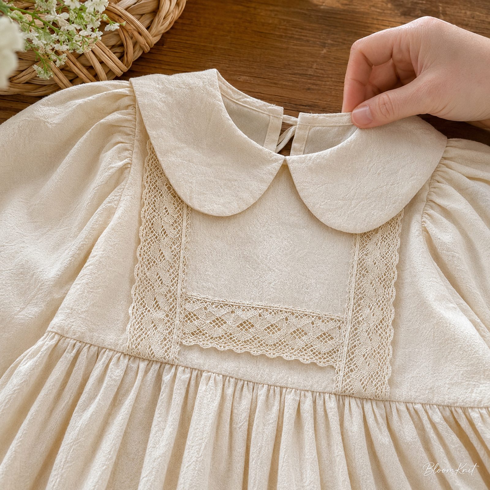 Girls Cotton Ruffle Dress, Puff Sleeves, Back Bow and Floral Styles – 08 collar closeup