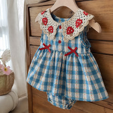 Baby Blue Gingham Romper Dress with Crochet Strawberry Collar and Red Bows