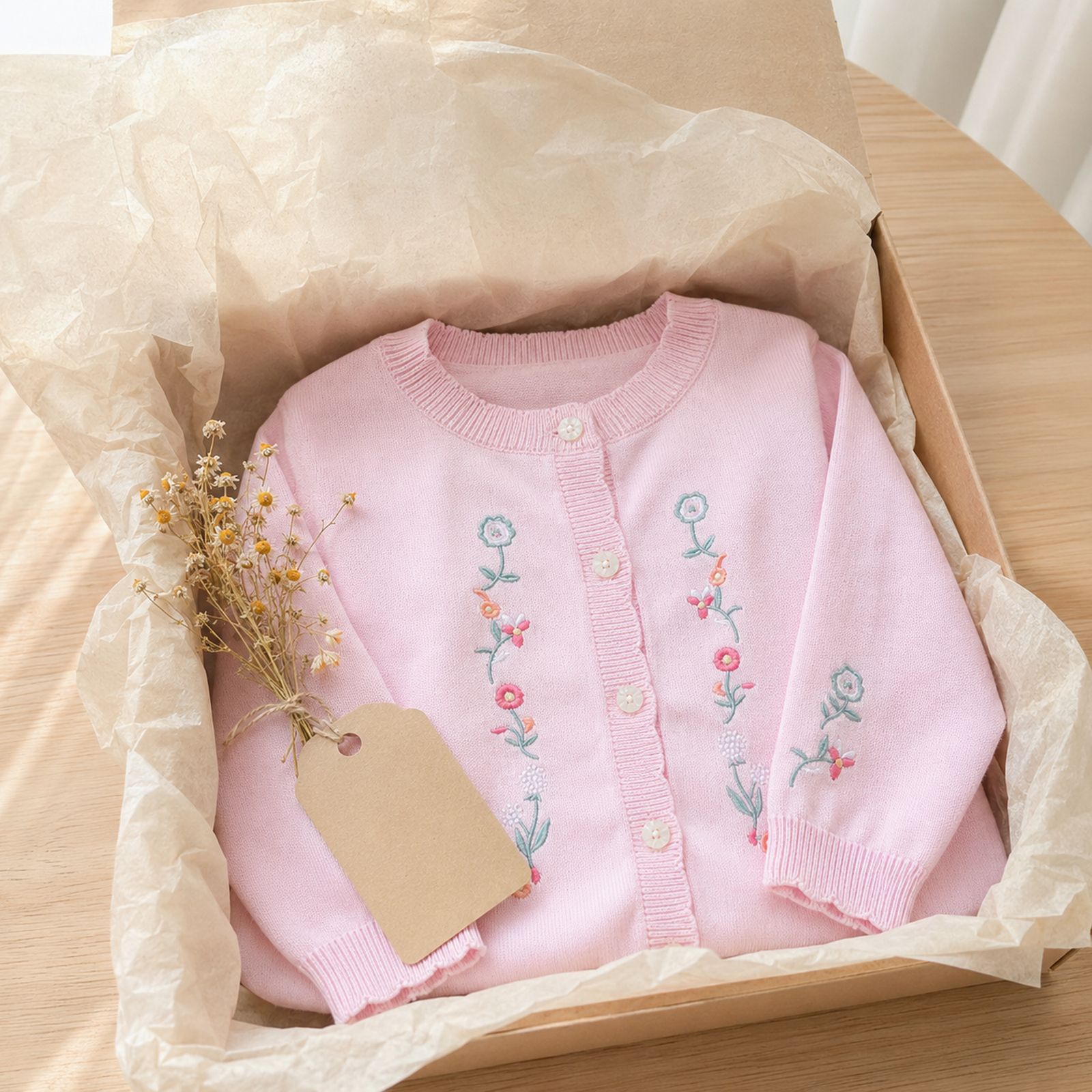Pink Floral Embroidered Girls Cardigan, Lightweight Cotton Knit Toddler Sweater Gift – 08 gift box