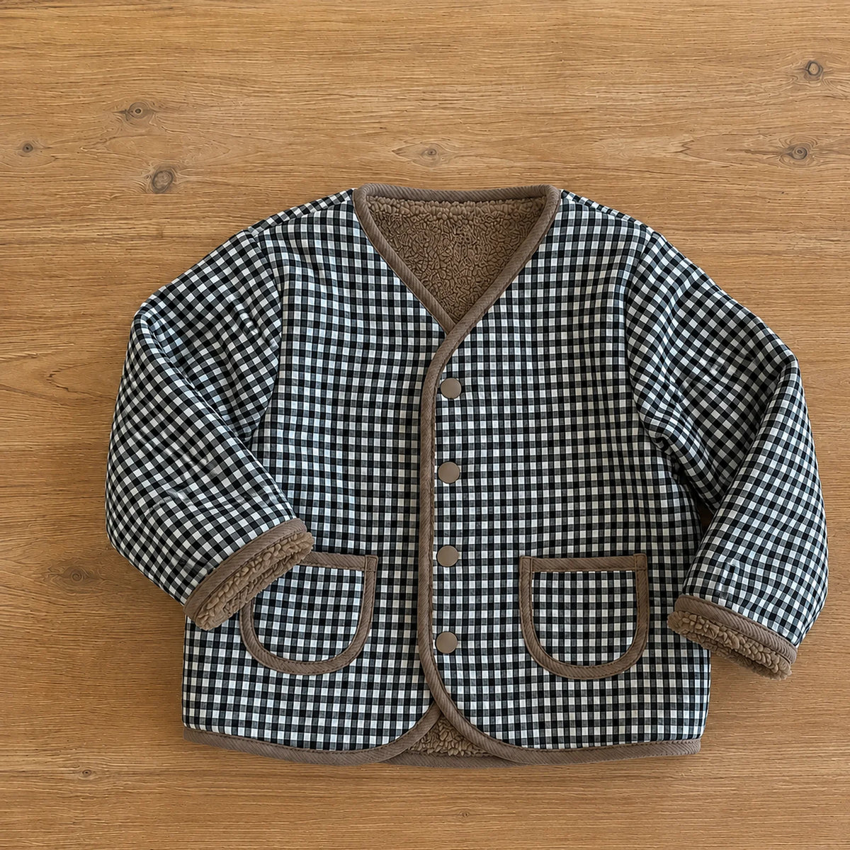 Toddler Reversible Sherpa Jacket, Ivory or Taupe Gingham Fleece Fall Coat