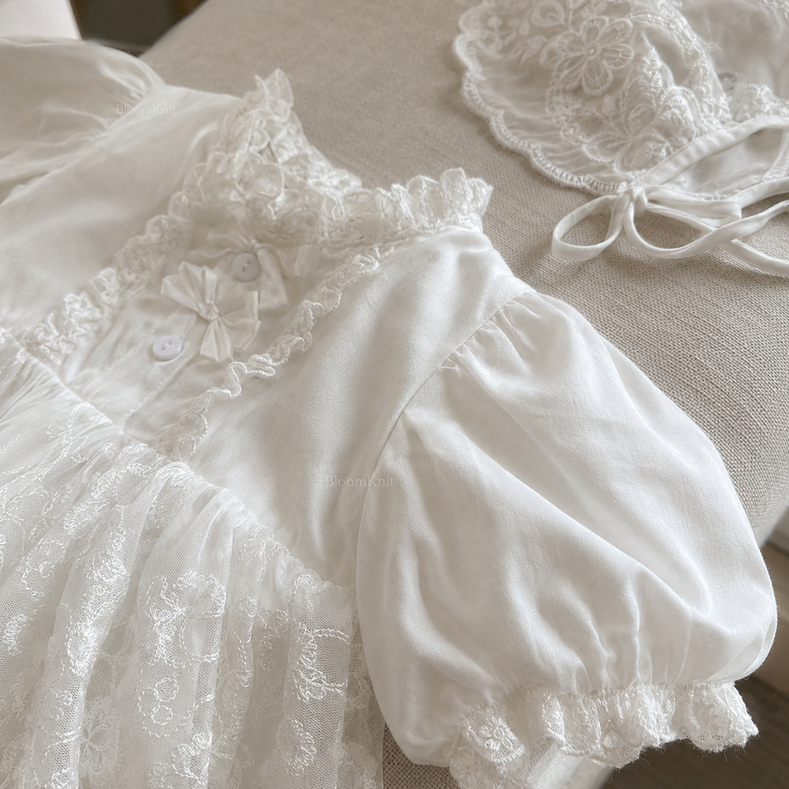 White Lace Baby Romper Dress, Long Sleeve Christening Outfit with Matching Bonnet – 08 sleeve closeup