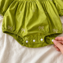 Green Embroidered Baby Romper or Dress with Ivory Lace Collar and Long Sleeves