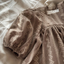 Girls Taupe Floral Puff Sleeve Dress with Square Neck and Ruffle Hem