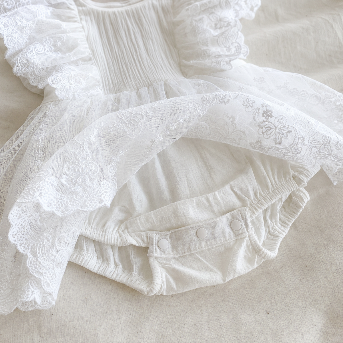 Close-up of snap-bottom bubble romper closure
