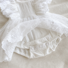 White Lace Baby Romper Dress with Flutter Sleeves and Embroidered Cotton Skirt