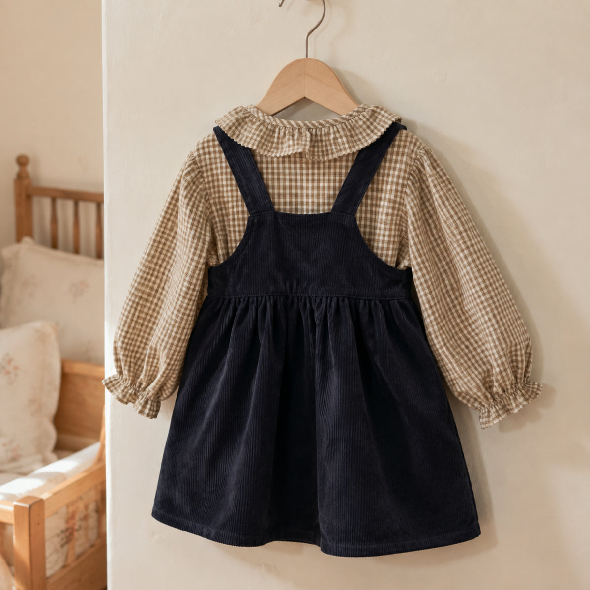 Back view of gingham blouse layered under navy corduroy pinafore dress