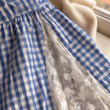 Girls Blue Gingham Maxi Dress with White Floral Lace, Fall Layering Dress