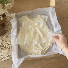 Ivory Lace Baby Romper Dress, Bow Collar Christening and First Birthday Outfit