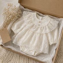 Ivory Lace Baby Romper Dress, Pearl Collar Christening and First Birthday Outfit