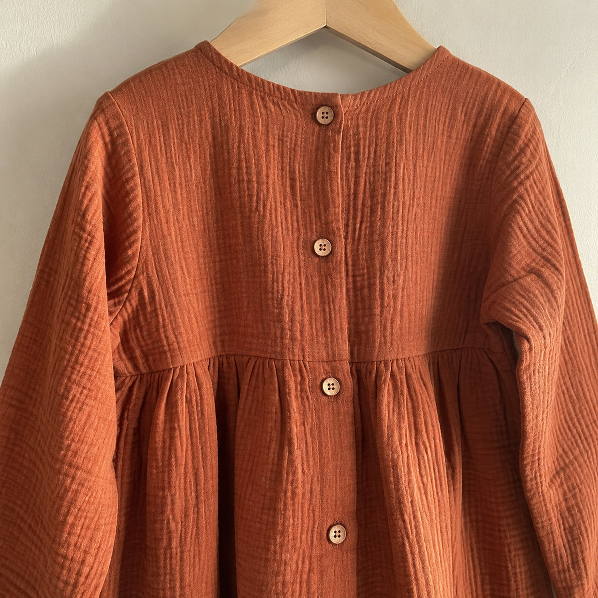 Rust girls dress back button detail