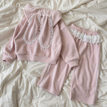 Girls Pink Bunny Ear Hoodie and Lace Ruffle Pants Set, 2-Piece Ribbed Outfit
