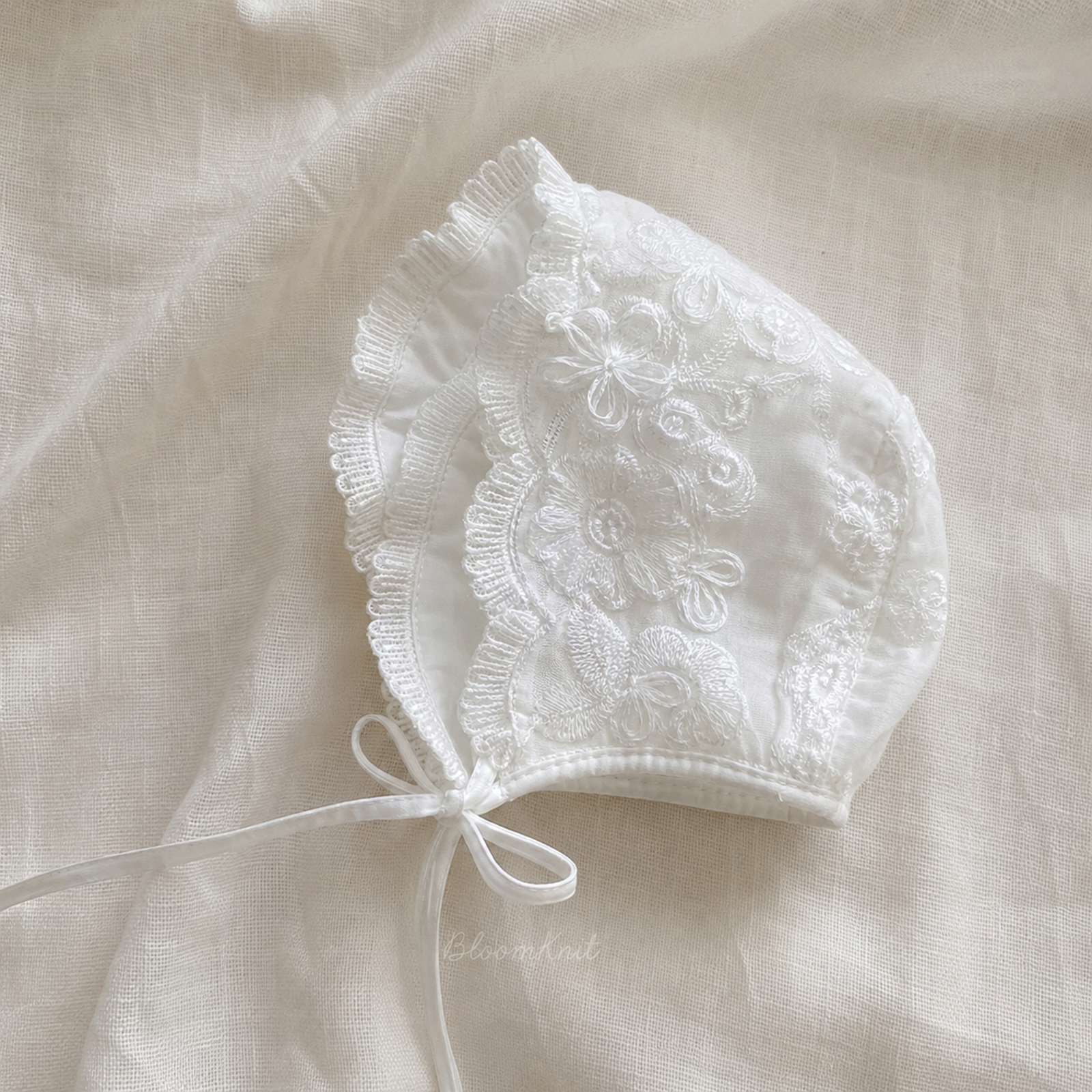 White Lace Baby Romper Dress, Long Sleeve Christening Outfit with Matching Bonnet – 09 bonnet closeup
