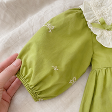 Green Embroidered Baby Romper or Dress with Ivory Lace Collar and Long Sleeves