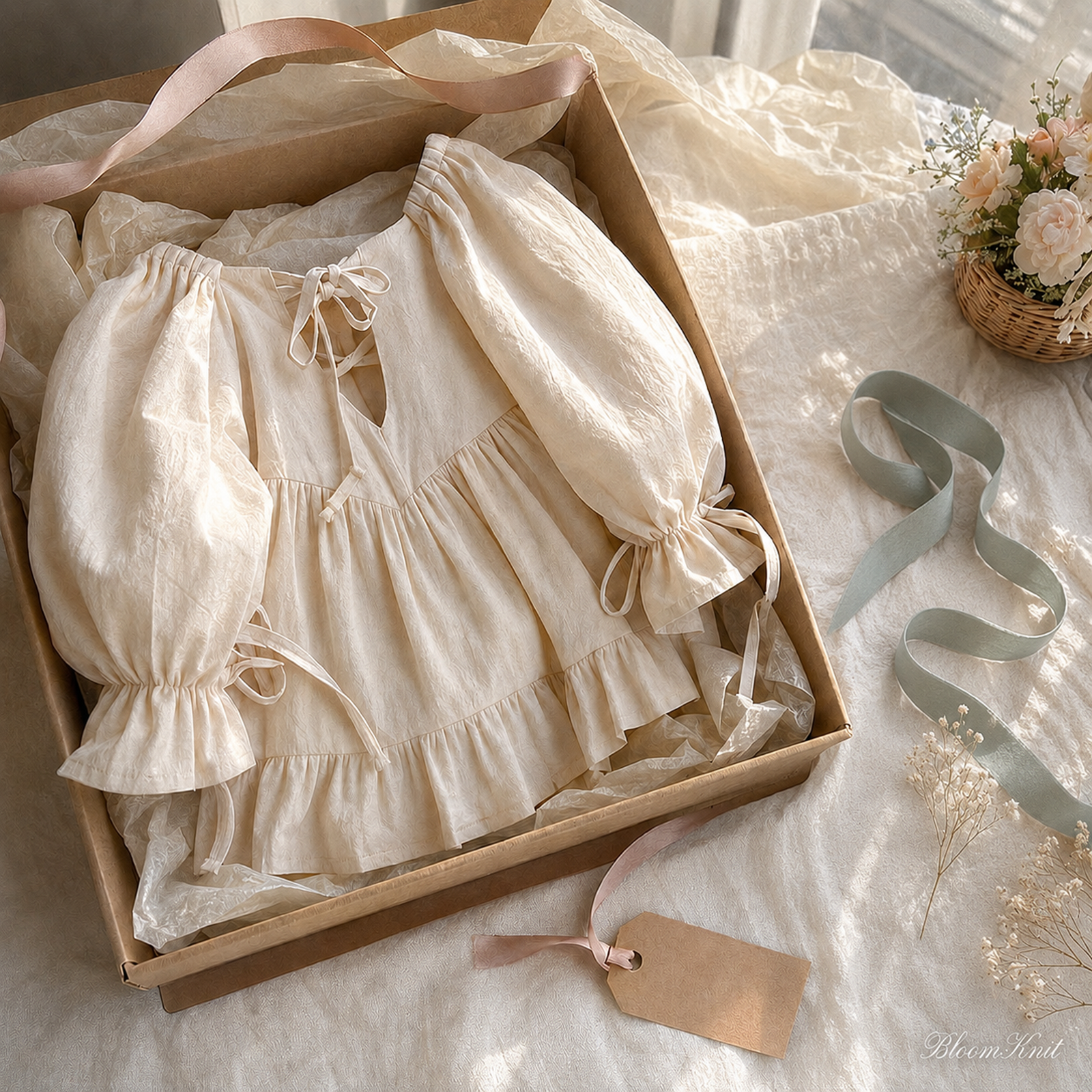 Girls Cotton Ruffle Dress, Puff Sleeves, Back Bow and Floral Styles – 09 gift box