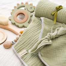 Newborn Baby Gift Box, Crochet Animal Rattle, Muslin Blanket, Pacifier Clip and Brush