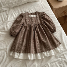 Girls Taupe Floral Puff Sleeve Dress with Square Neck and Ruffle Hem
