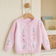 Pink Floral Embroidered Girls Cardigan, Lightweight Cotton Knit Toddler Sweater Gift