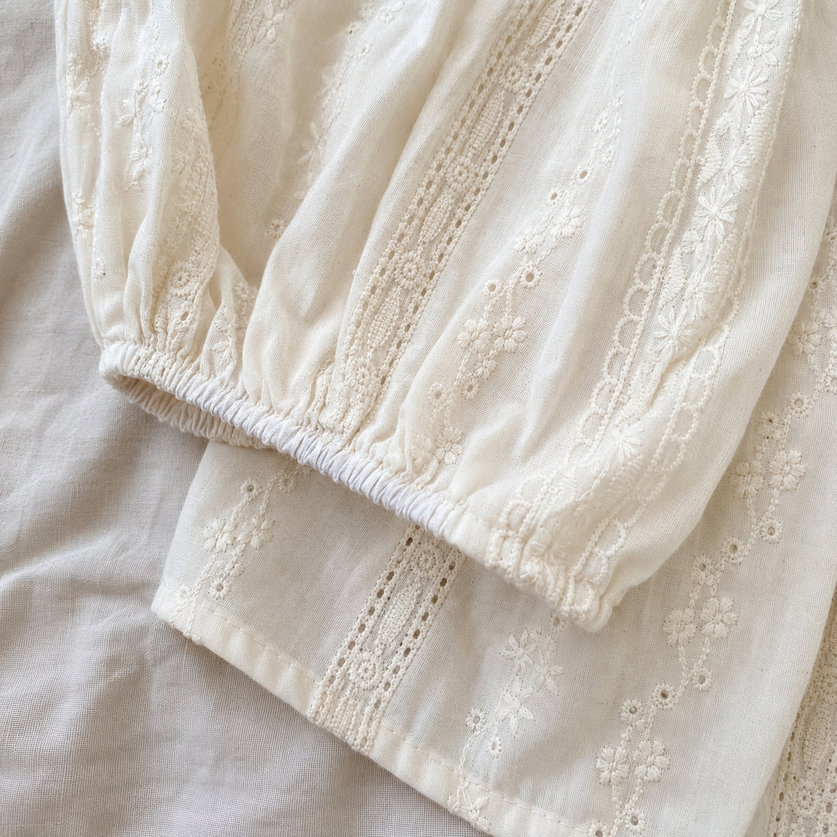 Close-up of gathered sleeve cuff and embroidered dress hem