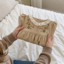 Girls Floral Peter Pan Collar Dress, Khaki or Brown Long Sleeve Fall Outfit