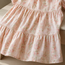 Girls Pink Rose Floral Puff Sleeve Midi Dress, Cottagecore Fall Princess Dress