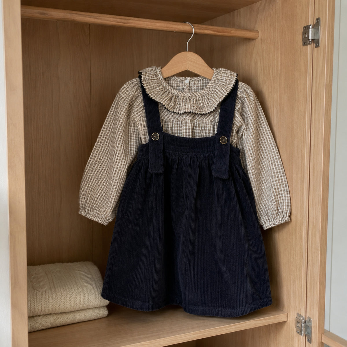 Girls gingham blouse and navy corduroy pinafore hanging naturally in a wardrobe