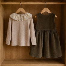 Girls Eyelet Lace Collar Top or Olive Brown Corduroy Pinafore Dress, Fall Separates