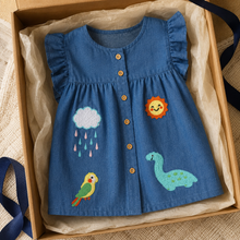 Girls Denim Dress with Ruffle Sleeves, Dinosaur and Weather Appliqué