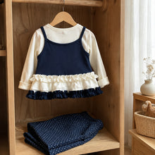 Girls Navy Ruffle Top an Polka Dot Wide-Leg Pants, 2-Piece Fall Set
