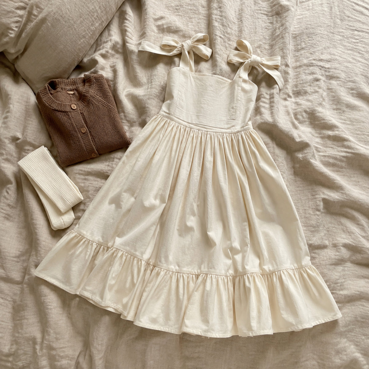 Ivory tie-shoulder maxi dress flat lay with optional cardigan and tights styling