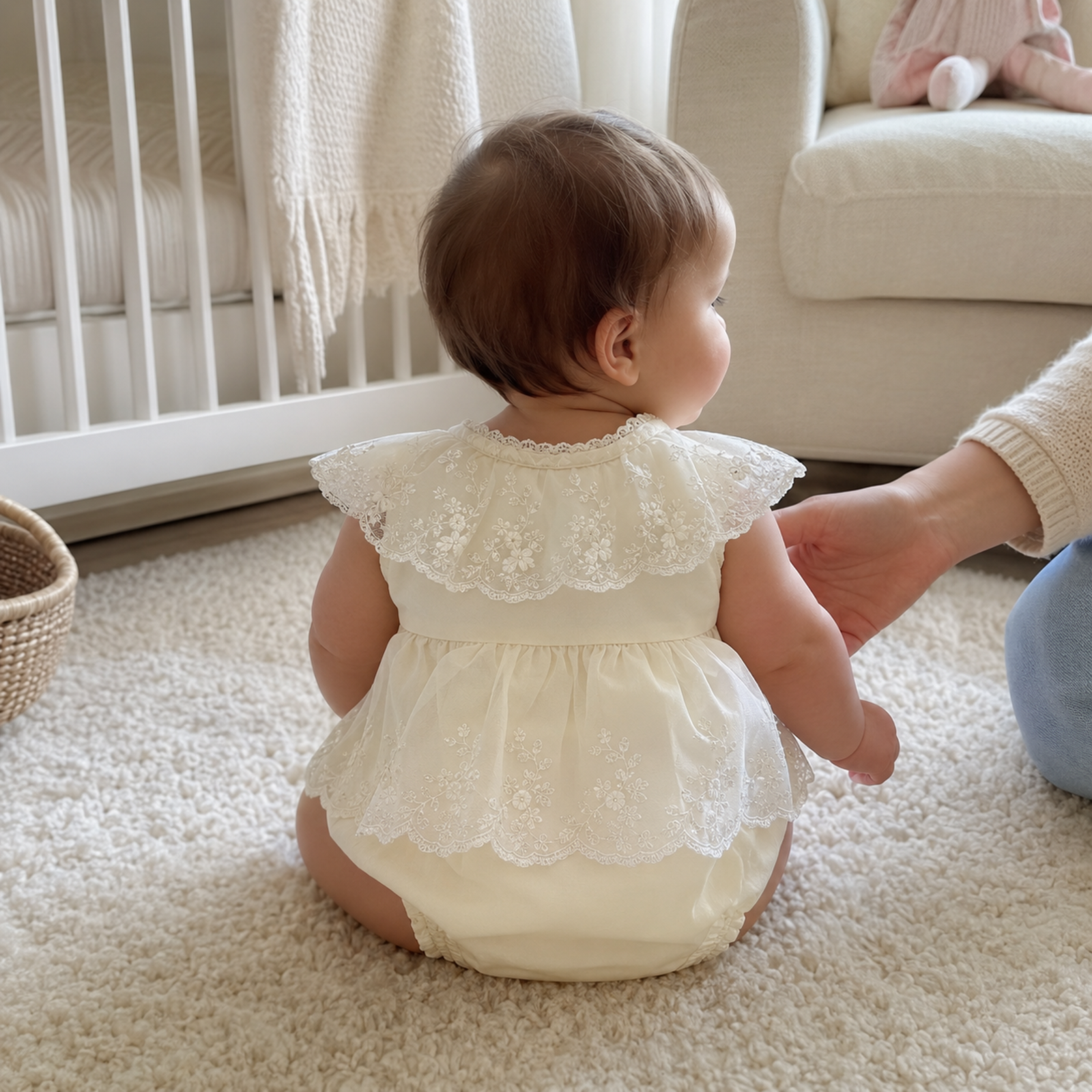 Ivory Lace Baby Romper Dress, Bow Collar Christening and First Birthday Outfit – 10 back view on baby