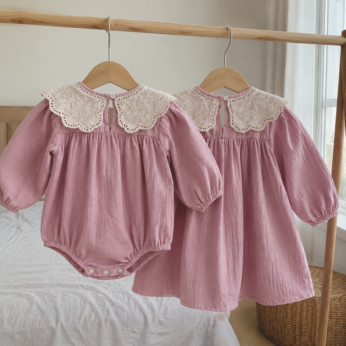 Back view of the dusty rose romper and dress with lace collars