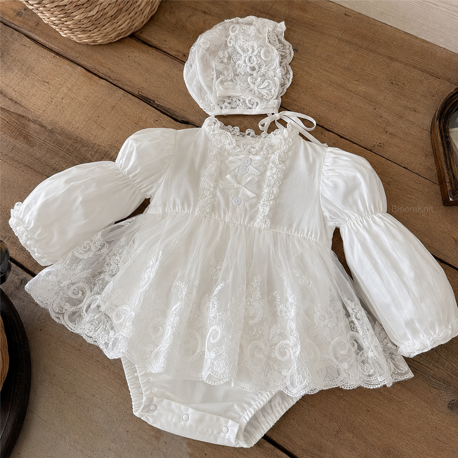 White Lace Baby Romper Dress, Long Sleeve Christening Outfit with Matching Bonnet – 10 flatlay detail