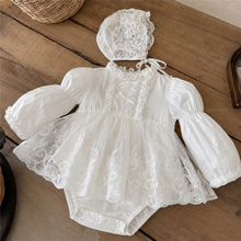 White Lace Baby Romper Dress, Long Sleeve Christening Outfit with Matching Bonnet
