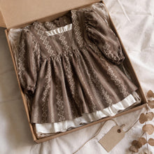 Girls Taupe Floral Puff Sleeve Dress with Square Neck and Ruffle Hem