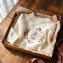 Girls Floral Bunny Embroidered Knit Sweater, Cream or Pink Fall Pullover