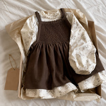 Girls Brown Smocked Pinafore and Floral Long Sleeve Dress, 2-Piece Fall Set