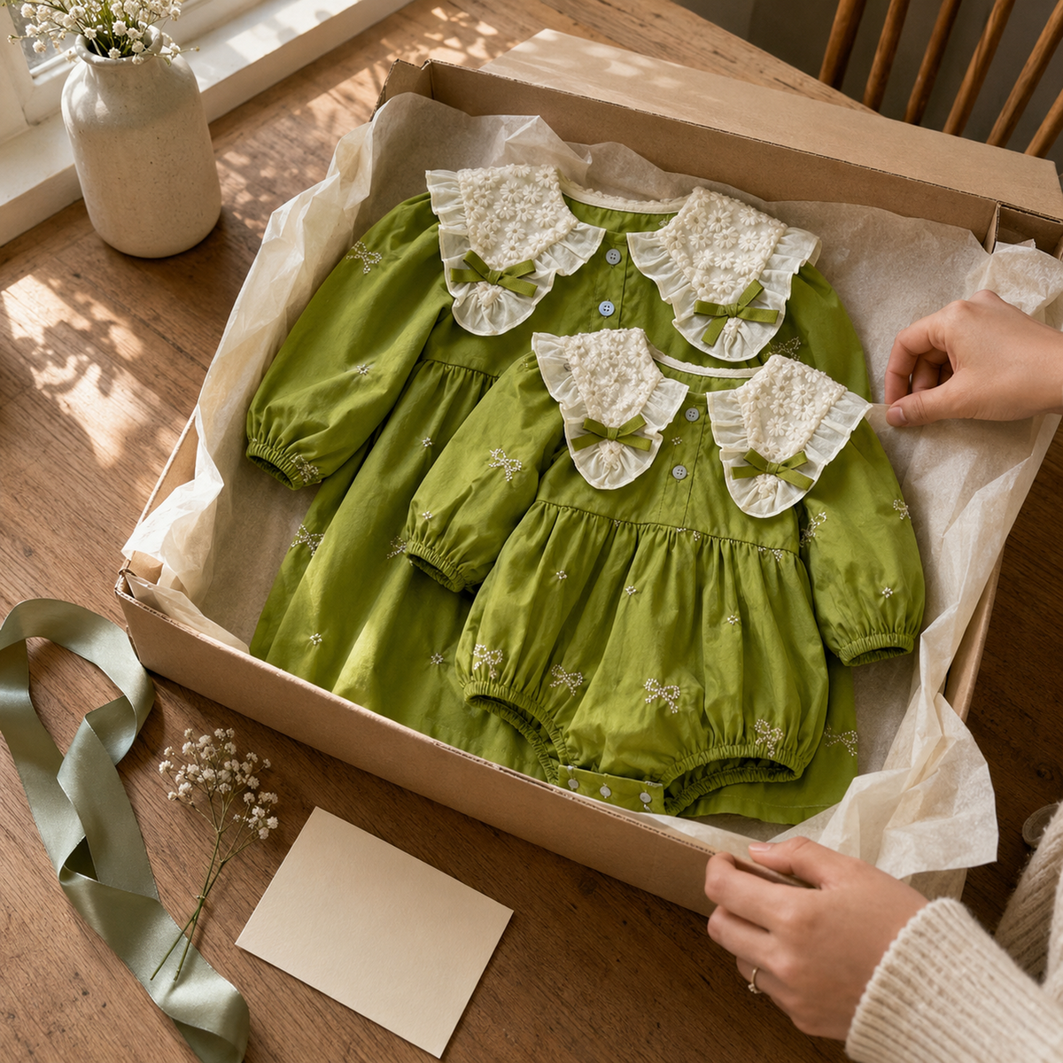 Green baby romper and dress arranged as a thoughtful gift